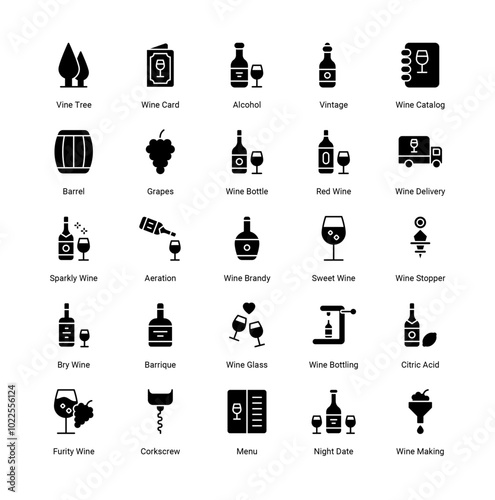Winery Icons Set – Elegant Collection Featuring Vineyard, Wine Bottles, Glasses, Barrels, Grapes, and Wine Tasting Elements for Wine-Related Projects, Branding, and Promotional Designs