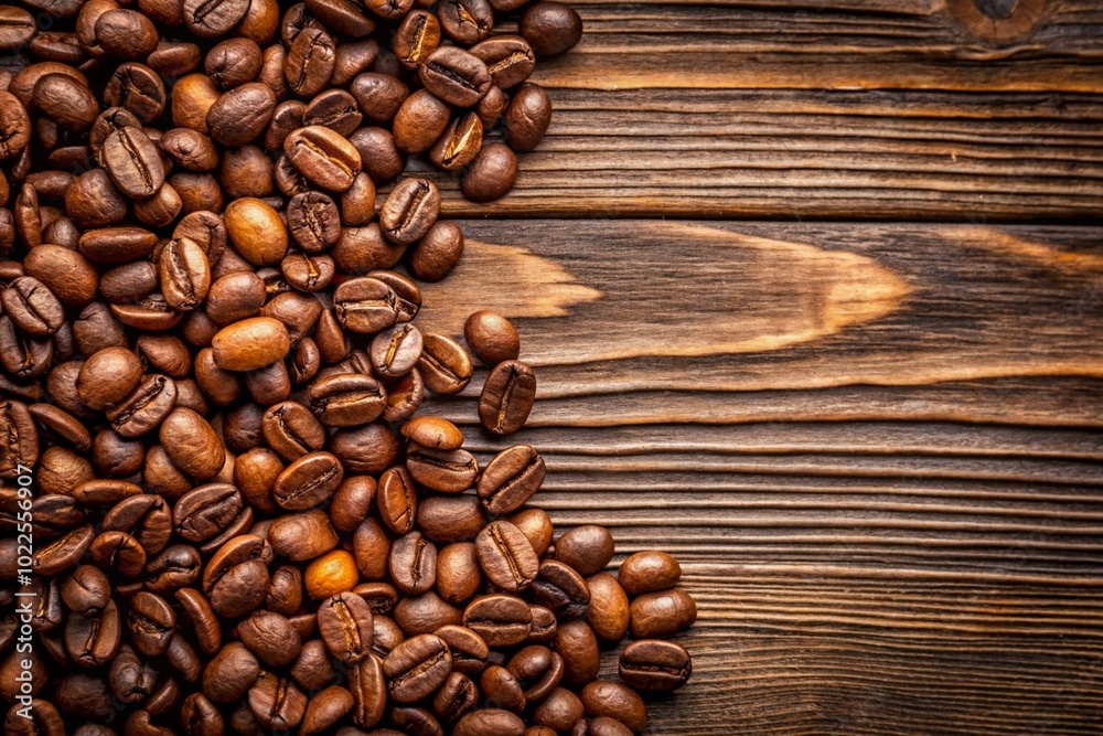 Fototapeta premium A pile of coffee beans on a wooden surface