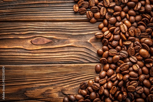 A pile of coffee beans on a wooden surface