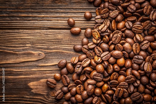 A pile of coffee beans on a wooden surface