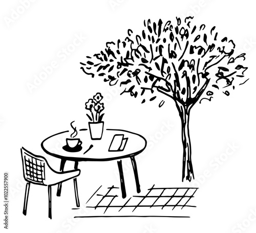 Summer street cafe, table and chair under a tree. Cup of coffee, vase of flowers. Food and drinks. Simple hand drawn vector illustration with black outline. Sketch in ink.