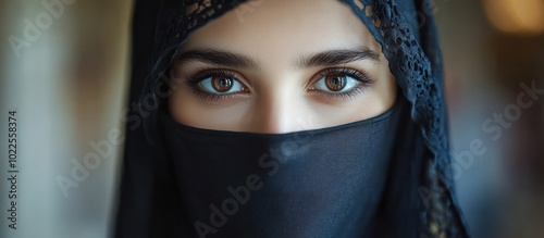 Close-up portrait of a woman wearing a niqab, with her eyes looking directly at the camera.