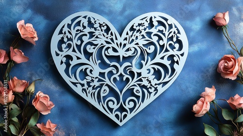 Ornate paper cut heart with delicate swirls and patterns, ideal for romantic or weddingthemed decor, paper cut heart, delicate love art photo