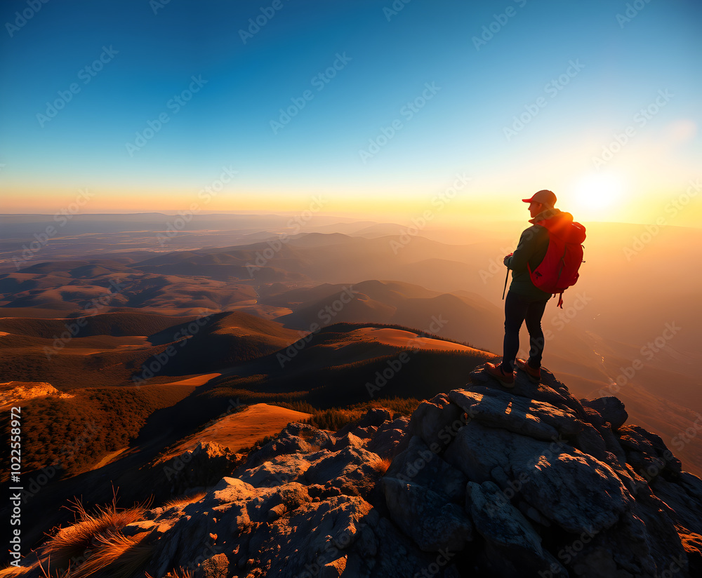 Fototapeta premium Man Standing on Mountain Peak at Sunset.