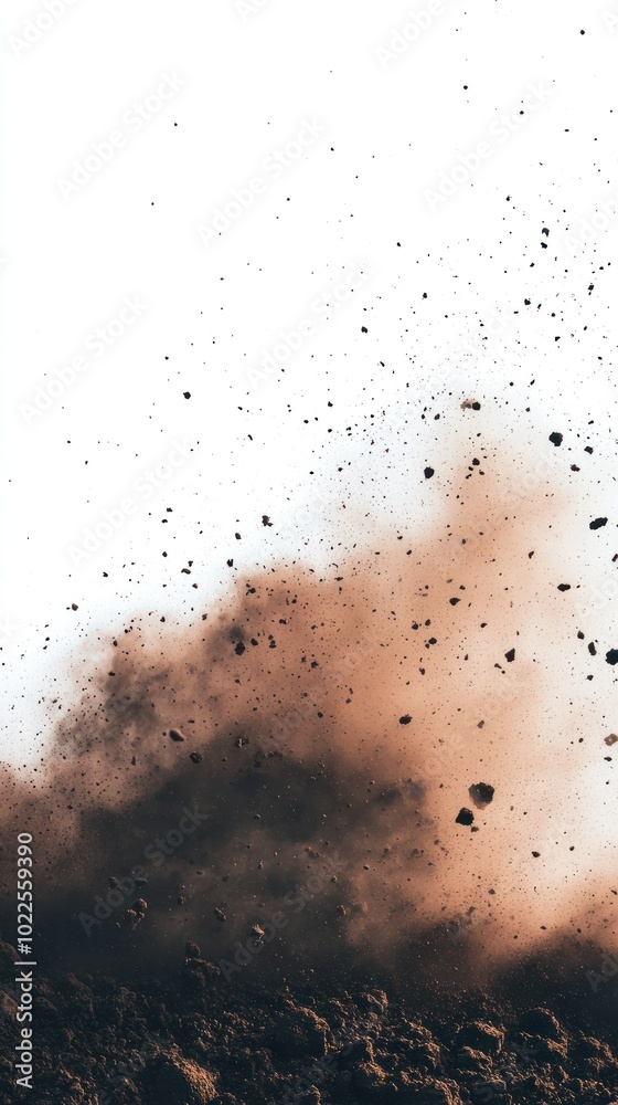 Obraz premium A cloud of dust and debris rising against a white background.
