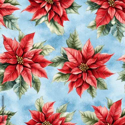 Seamless Christmas background with poinsetias photo