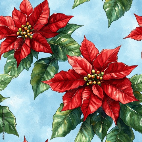 Seamless Christmas background with poinsetias photo