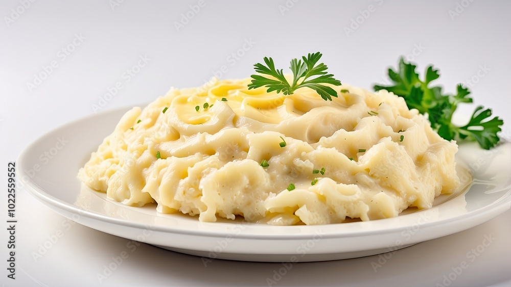 A plate of creamy garlic mashed potatoes with a pat of butter melting on top, isolated on white background. A plate of creamy garlic mashed potatoes with a pat of butter melting on top, isolated on white background.