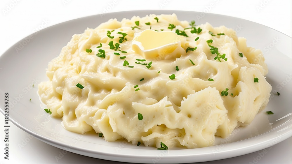 A plate of creamy garlic mashed potatoes with a pat of butter melting on top, isolated on white background. A plate of creamy garlic mashed potatoes with a pat of butter melting on top, isolated on white background.