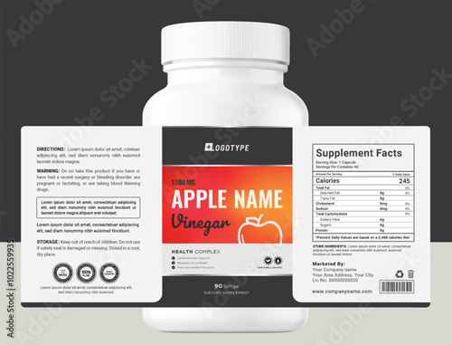 Modern and classic labels for apple cider vinegar and packaging for a food supplement that promotes health product, strength, and energy.