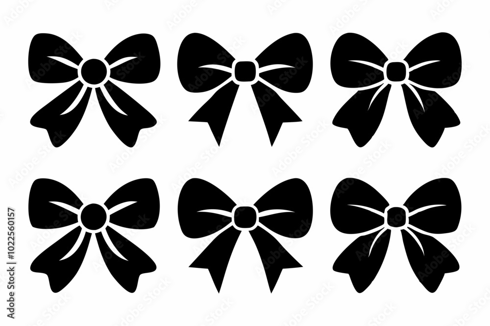 Bow icon, Set of different black gift bow silhouette vector, bows clipart bundle, Decorative holiday ribbon bows Bow icon, Set of different black gift bow silhouette vector, bows clipart bundle, Decorative holiday ribbon bows