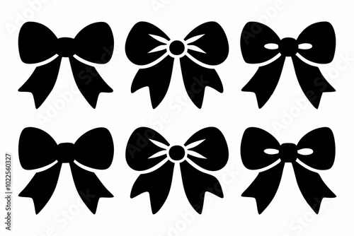 Bow icon, Set of different black gift bow silhouette vector, bows clipart bundle, Decorative holiday ribbon bows