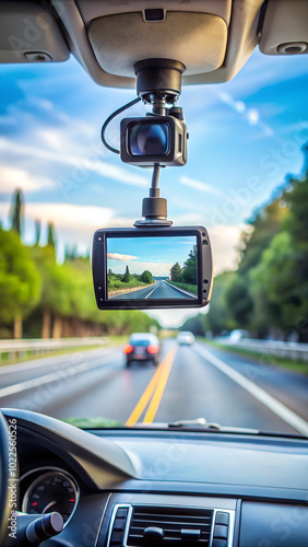 Modern dashboard camera mounted in car, view of road during driving photo