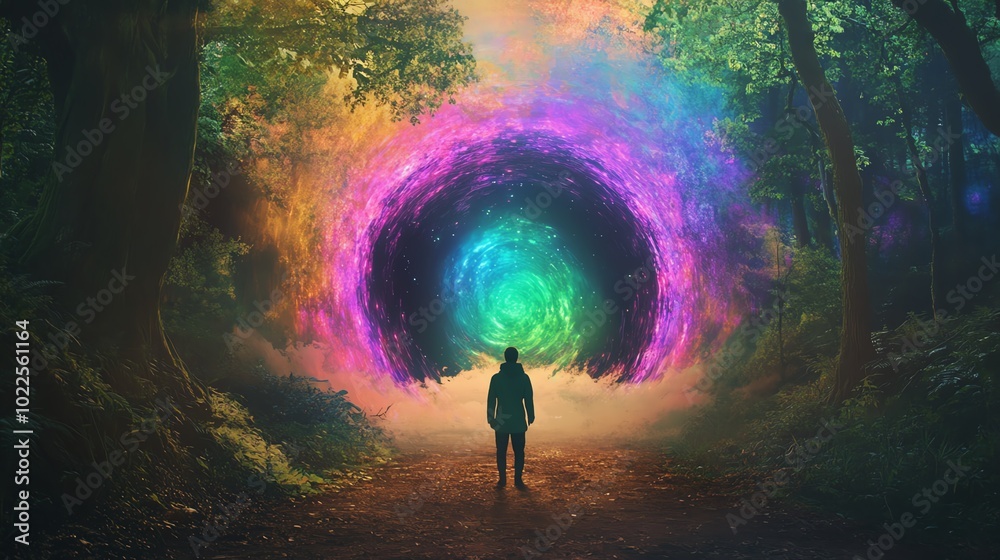 Silhouette of man facing cosmic portal Silhouette of man facing cosmic portal