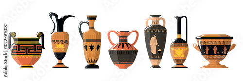 Set of beautiful antique jugs in cartoon style. Vector illustration of clay Greek jugs, vases of various shapes, sizes, with patterns, meanders, leaves, female figures isolated on a white background.
