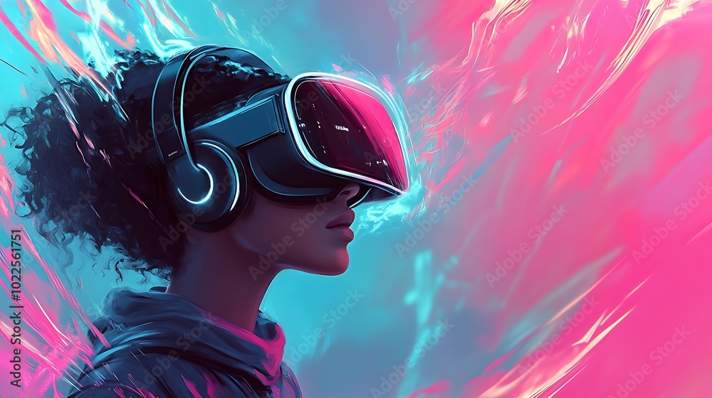 Cyberpunk style illustration of a girl with virtual reality glasses and headphones on gradient pink and blue abstract background Cyberpunk style illustration of a girl with virtual reality glasses and headphones on gradient pink and blue abstract background