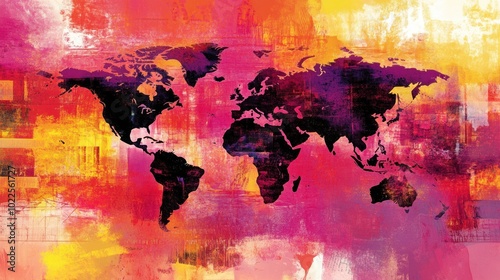 A vibrant, abstract world map illustration with bold colors and artistic textures.