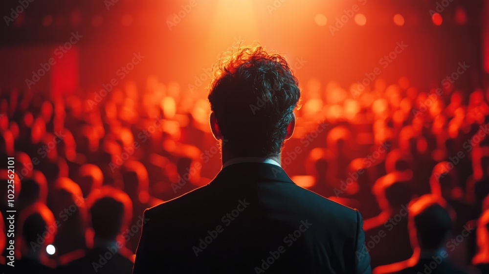 A business leader giving a presentation in front of a large corporate audience