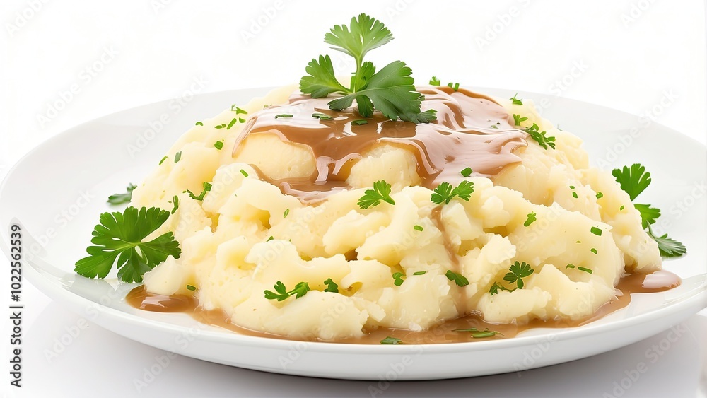 A dish of smooth mashed potatoes with gravy poured over, garnished with chopped parsley, isolated on white background A dish of smooth mashed potatoes with gravy poured over, garnished with chopped parsley, isolated on white background