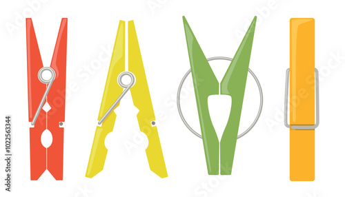 Set of colored clothespins in cartoon style. Vector illustration of cute clothespins: green,red,yellow,blue,orange isolated on white background. Clamps for household use. Accessories for the bathroom.