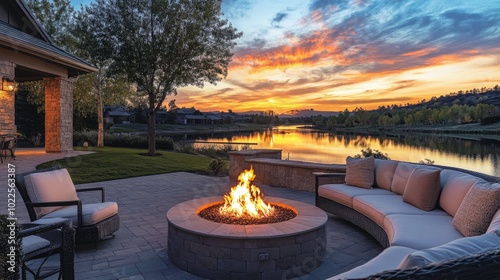 Comfortable outdoor seating arrangement with a fire pit, warm flames flickering, and a picturesque sunset reflecting on nearby water
