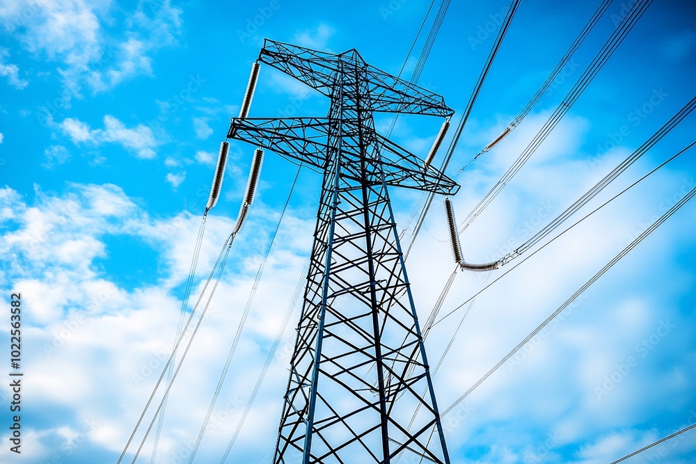 Tall power lines against a bright blue sky with fluffy clouds. Tall power lines against a bright blue sky with fluffy clouds.
