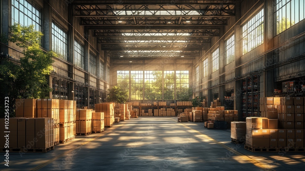 Spacious warehouse filled with stacked boxes and natural light. Spacious warehouse filled with stacked boxes and natural light.