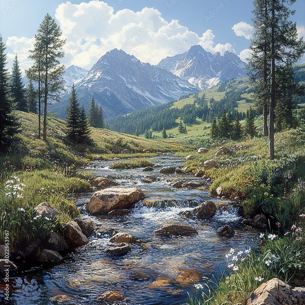 Mountain Stream and Valley Landscape Mountain Stream and Valley Landscape
