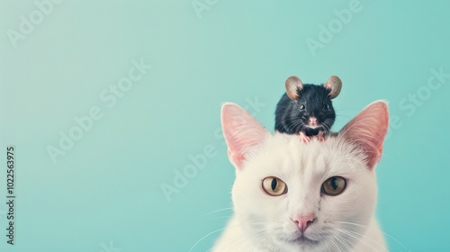 A white cat displays curious expressions as a little black mouse stands confidently on its head, set against a pastel blue backdrop