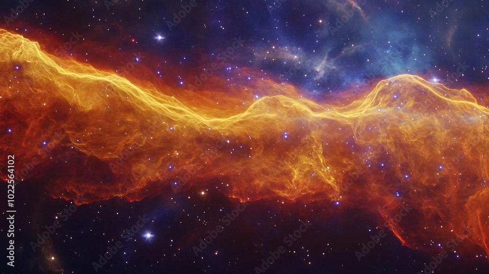 Obraz premium Colorful illustration of endless galaxy space with blazing fire form of light over the space background, starry space with nebulas and astronomical landscape fantasy view