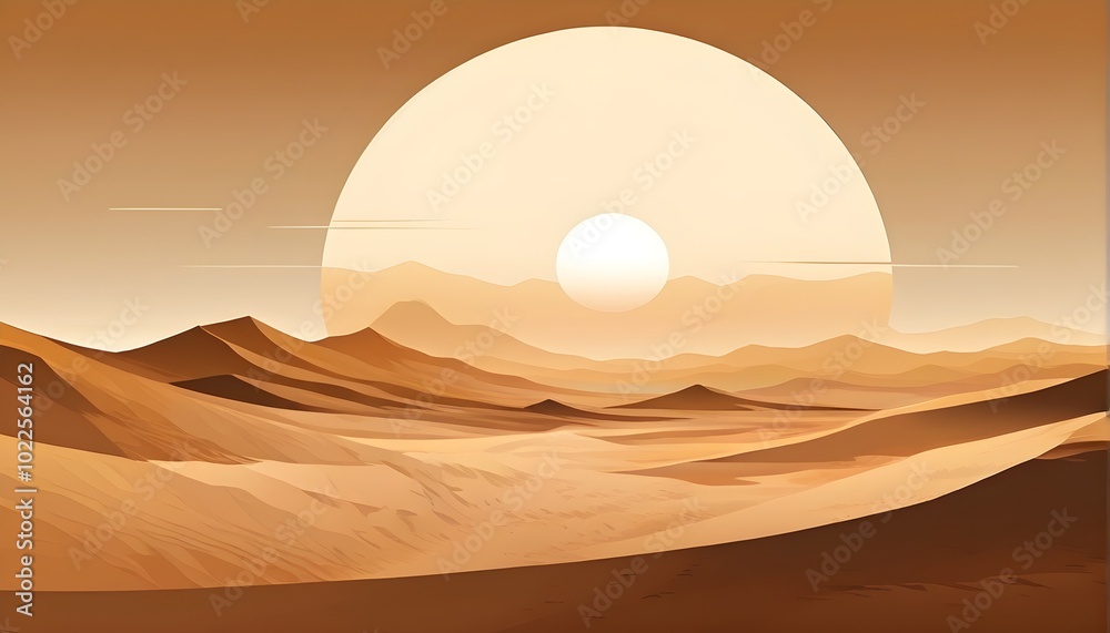 abstract desert scene with triangular sand dunes and a single circular sun, using sharp lines and subtle gradients in neutral earth tones abstract desert scene with triangular sand dunes and a single circular sun, using sharp lines and subtle gradients in neutral earth tones
