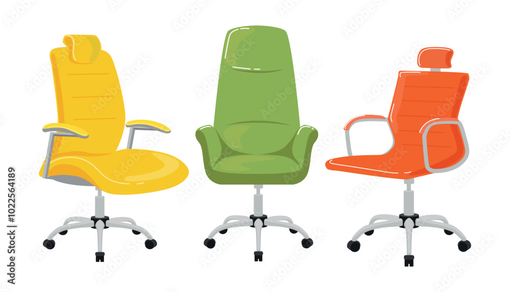 Obraz premium Set of colorful,modern office chairs in the style of a cartoon.Vector illustration of beautiful and comfortable office chairs with soft seats,on wheels: blue,red,green,isolated on a white background.