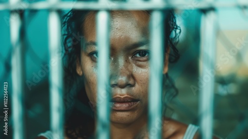 A woman looks through the bars of a prison, her expression reflecting determination and inner strength despite her surroundings