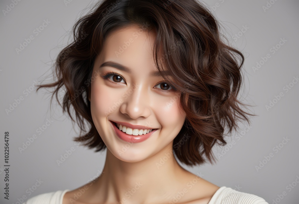 Smiling woman with curly hair, joyful expression, studio portrait. Smiling woman with curly hair, joyful expression, studio portrait.
