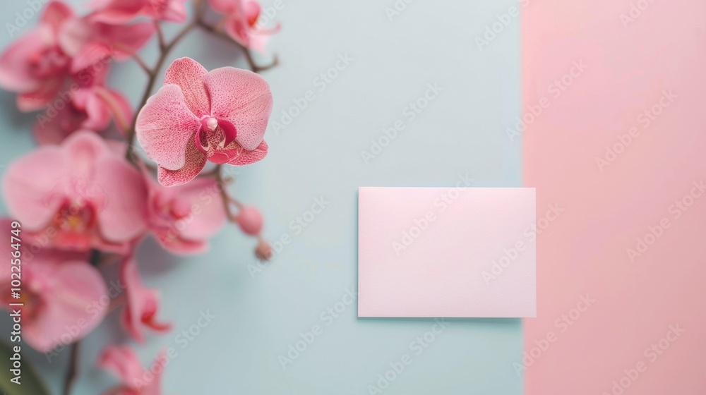 Soft pink orchids accompany a blank card on a colorful background, creating a lovely setting for personal notes or decorations Soft pink orchids accompany a blank card on a colorful background, creating a lovely setting for personal notes or decorations