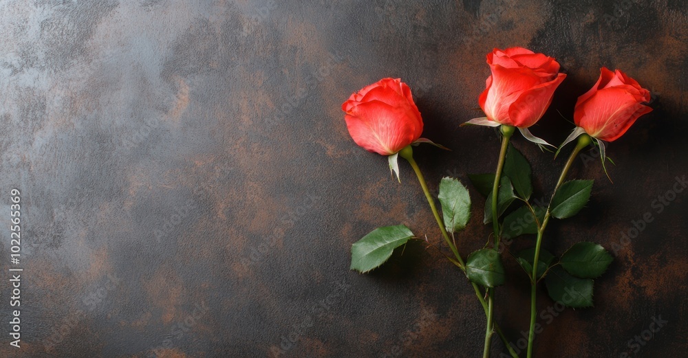 Vibrant red roses are elegantly positioned against a dark textured background, showcasing their rich color and delicate details Vibrant red roses are elegantly positioned against a dark textured background, showcasing their rich color and delicate details