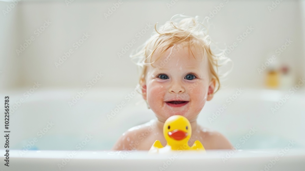 A cheerful blond baby plays in a cozy bathtub filled with water, happily holding a yellow rubber duck while splashing around A cheerful blond baby plays in a cozy bathtub filled with water, happily holding a yellow rubber duck while splashing around