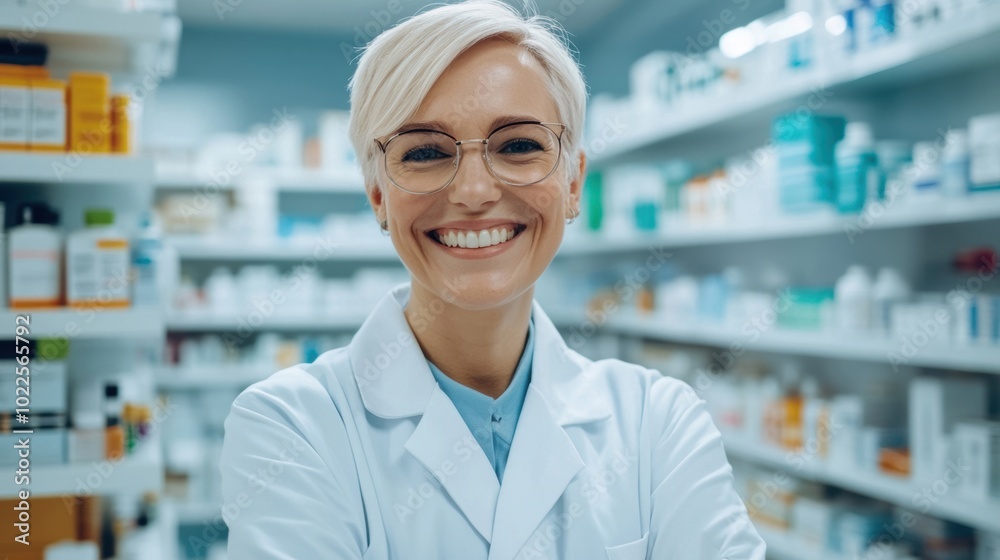 A friendly pharmacist with glasses smiles while surrounded by shelves of various medications in a contemporary pharmacy setting A friendly pharmacist with glasses smiles while surrounded by shelves of various medications in a contemporary pharmacy setting