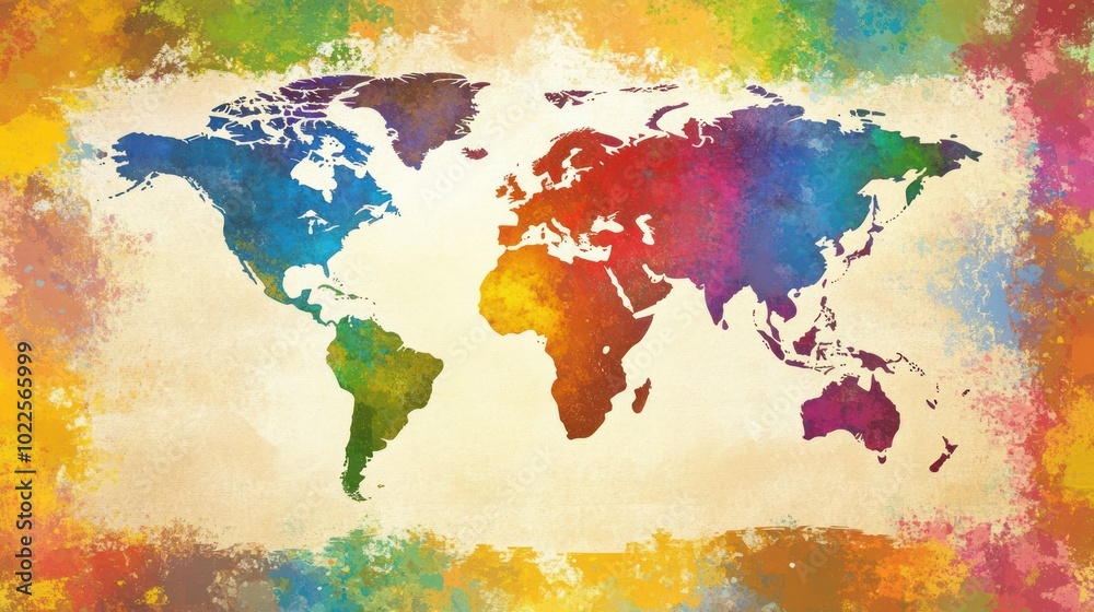 Naklejka premium A colorful world map illustration with a vibrant, artistic background.
