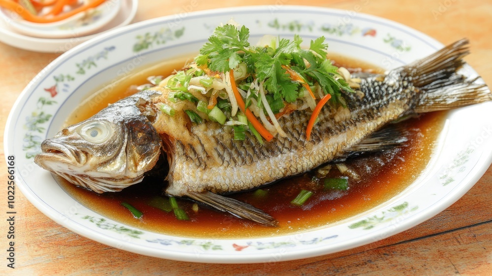 Freshly Cooked Whole Fish with Herbs and Sauce Freshly Cooked Whole Fish with Herbs and Sauce