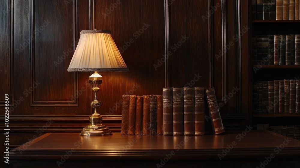An elegant law office scene with leather-bound volumes, a vintage desk lamp illuminating dark wood walls, perfect for evoking tradition An elegant law office scene with leather-bound volumes, a vintage desk lamp illuminating dark wood walls, perfect for evoking tradition