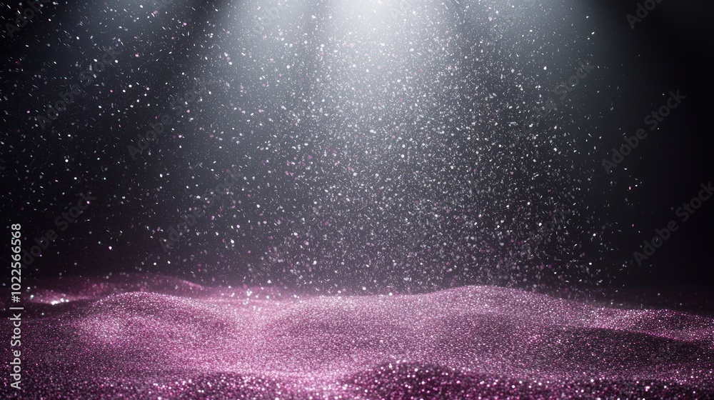 Obraz premium A shimmering landscape of pink particles illuminated by soft light beams.