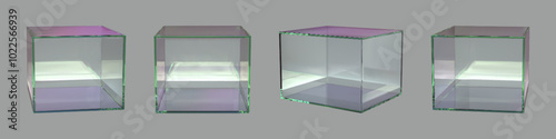 Transparent glass cube product podium in different angles of view. Realistic 3d vector set of crystal or plexiglass square stand for display display and presentation. Geometric showcase mockup.