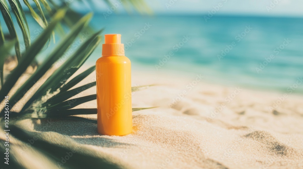 A vibrant bottle of sunscreen rests on warm sand, surrounded by lush palm leaves with the ocean in the background A vibrant bottle of sunscreen rests on warm sand, surrounded by lush palm leaves with the ocean in the background
