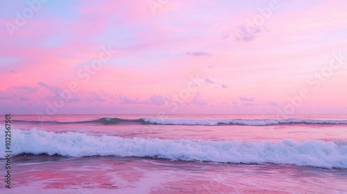 The ocean glows with pink and purple hues as the sun sets, casting a serene mood over the tranquil waters and rolling waves