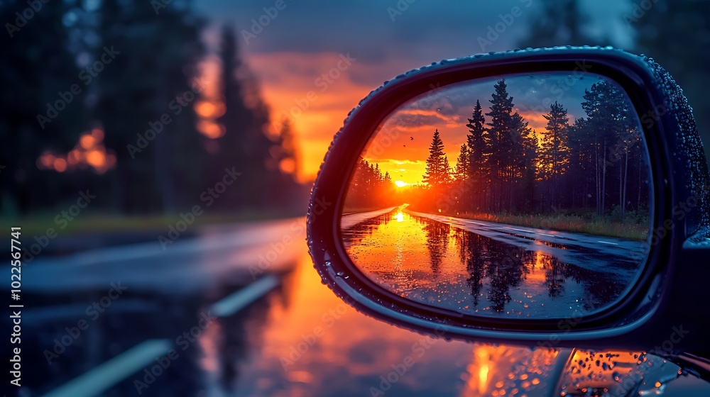 Side mirror of car with view to a beautiful road passes through a pine forest on sunset, rainy day jungle view reflective asphalt Side mirror of car with view to a beautiful road passes through a pine forest on sunset, rainy day jungle view reflective asphalt
