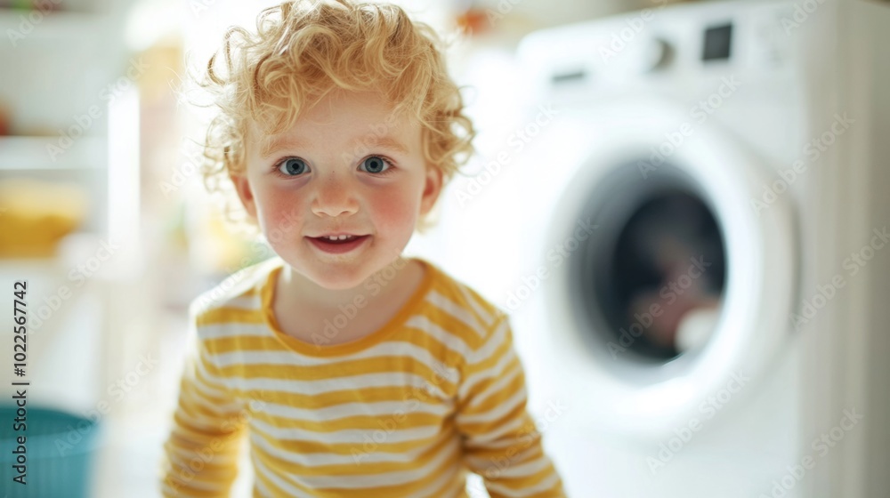 A cheerful toddler is helping with laundry at home, adding playful energy to the household chores A cheerful toddler is helping with laundry at home, adding playful energy to the household chores