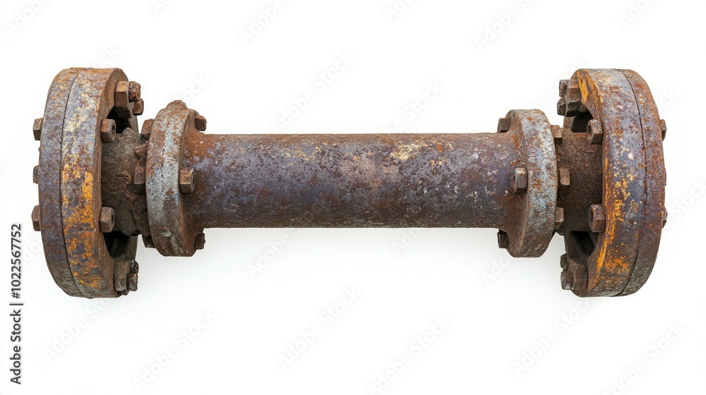 An old drain pipe for sewers, isolated on a white background, rusted and worn at the edges, with flanges on both An old drain pipe for sewers, isolated on a white background, rusted and worn at the edges, with flanges on both
