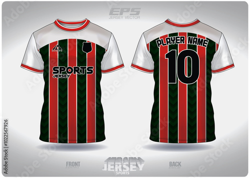 EPS jersey sports shirt vector.green red straight stripes pattern design, illustration, textile background for round neck sports t-shirt, football jersey shirt