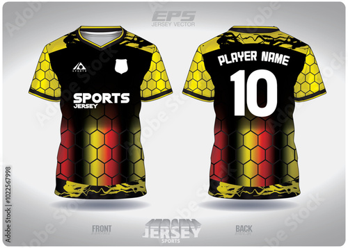 EPS jersey sports shirt vector.rainbow black yellow honeycomb pattern design, illustration, textile background for V-neck sports t-shirt, football jersey shirt